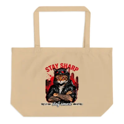 Stay Sharp Cat Tote Bag – Large Organic Cotton Reusable Shopping Bag
