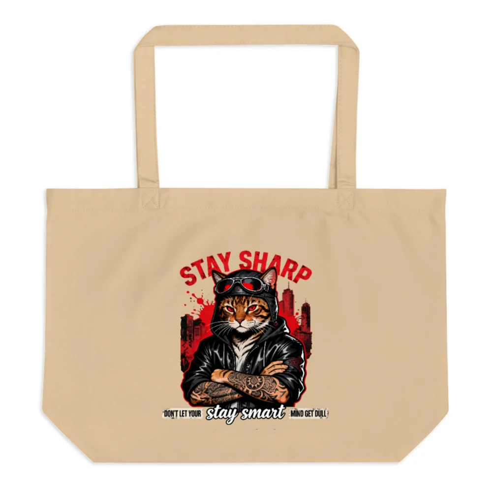 Stay Sharp Cat Tote Bag – Large Organic Cotton Reusable Shopping Bag