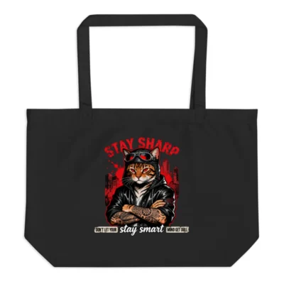 Stay Sharp Cat Tote Bag – Large Black Organic Cotton Reusable Shopping Bag