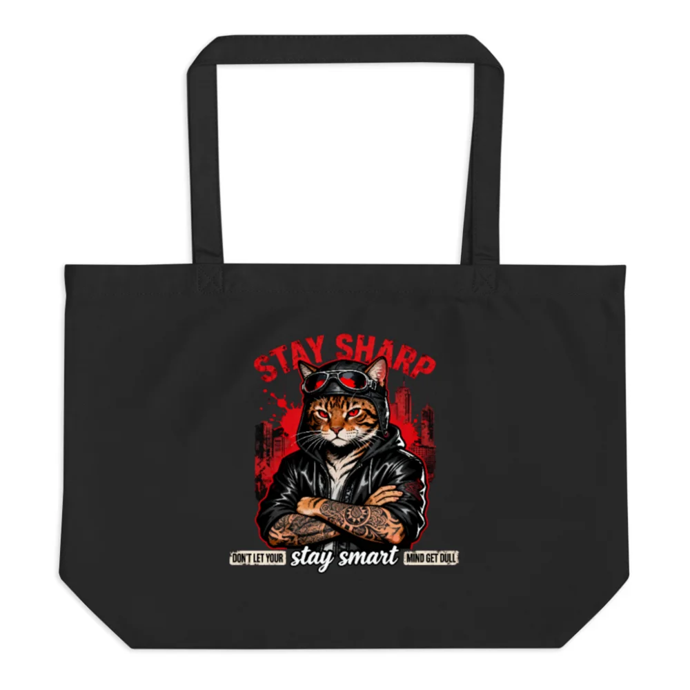 Stay Sharp Cat Tote Bag – Large Black Organic Cotton Reusable Shopping Bag