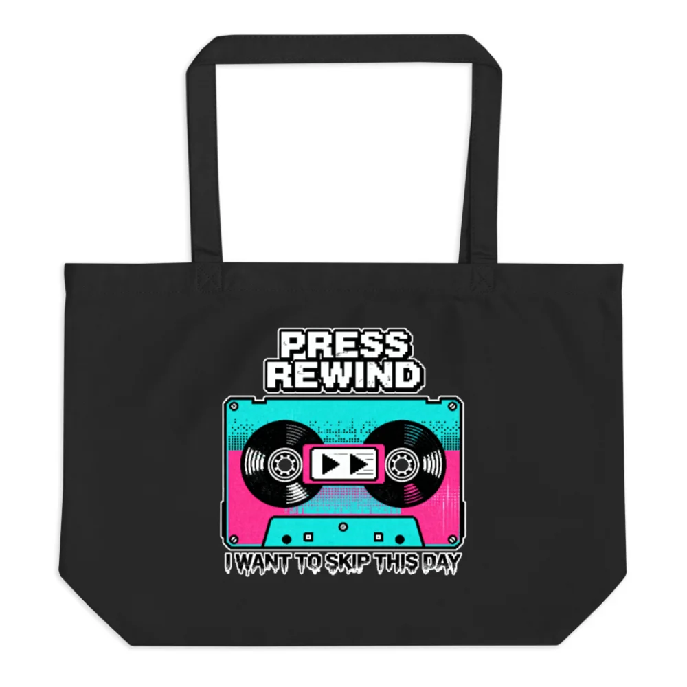 Press Rewind Tote Bag – Large Black Organic Cotton Shopping Bag