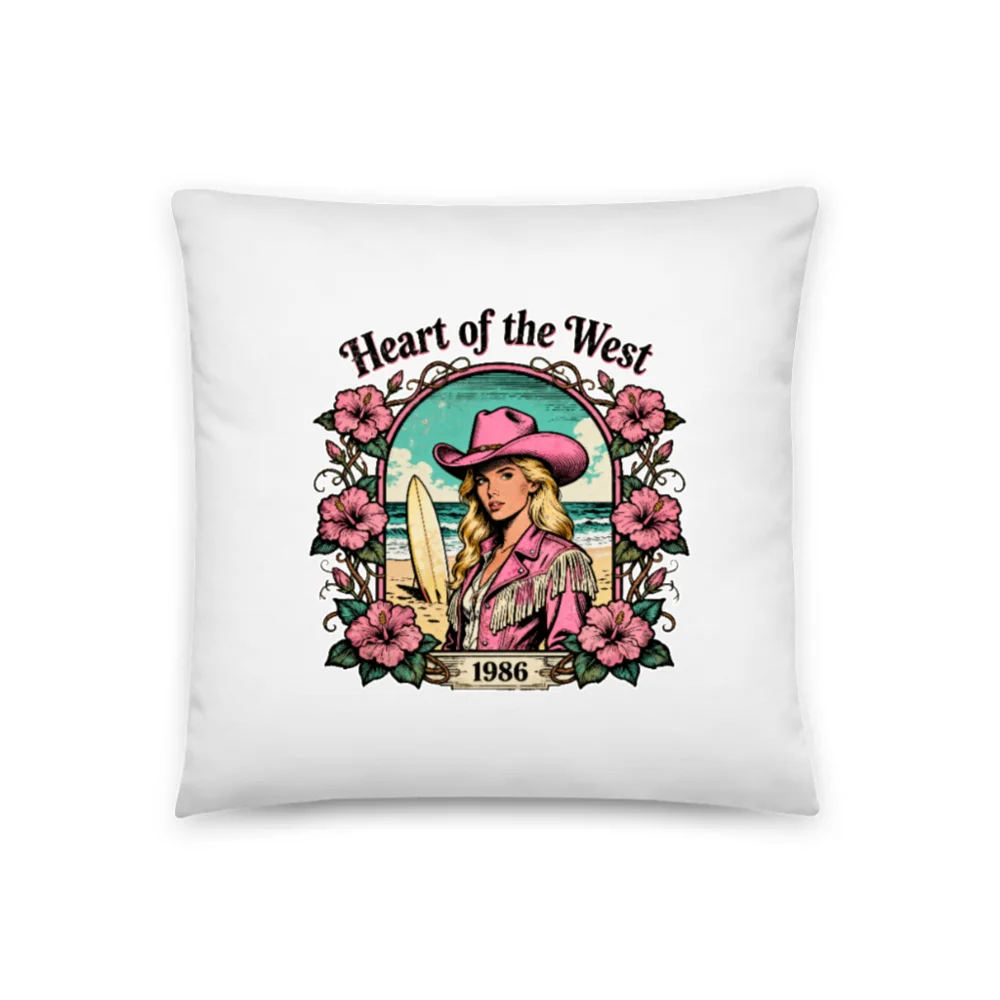 Heart of the West Pillow 18x18 – Vintage Cowboy Surf Art Decor