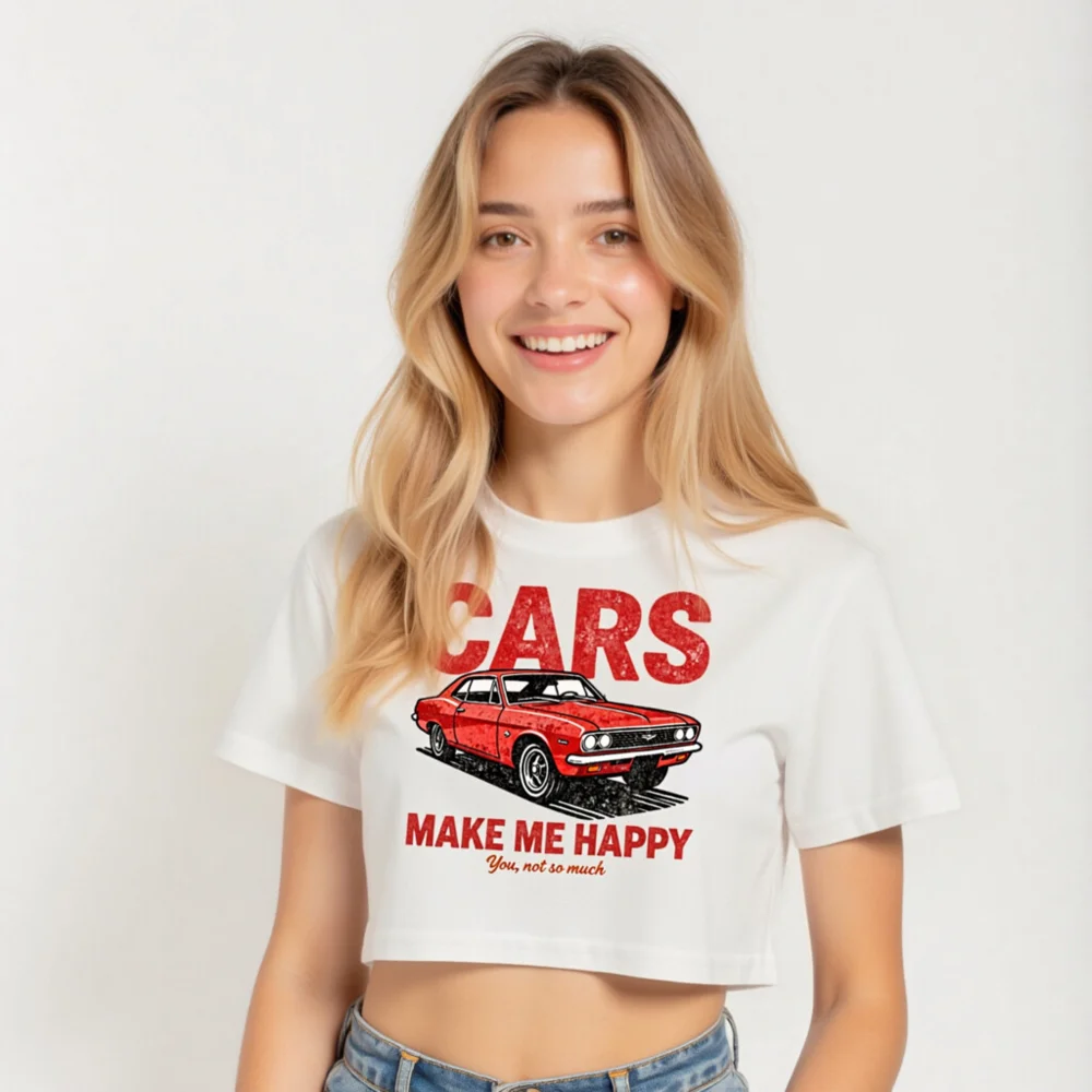 Cars Make Me Happy Crop Top for Women – Vintage Car Graphic Tee - Image 5