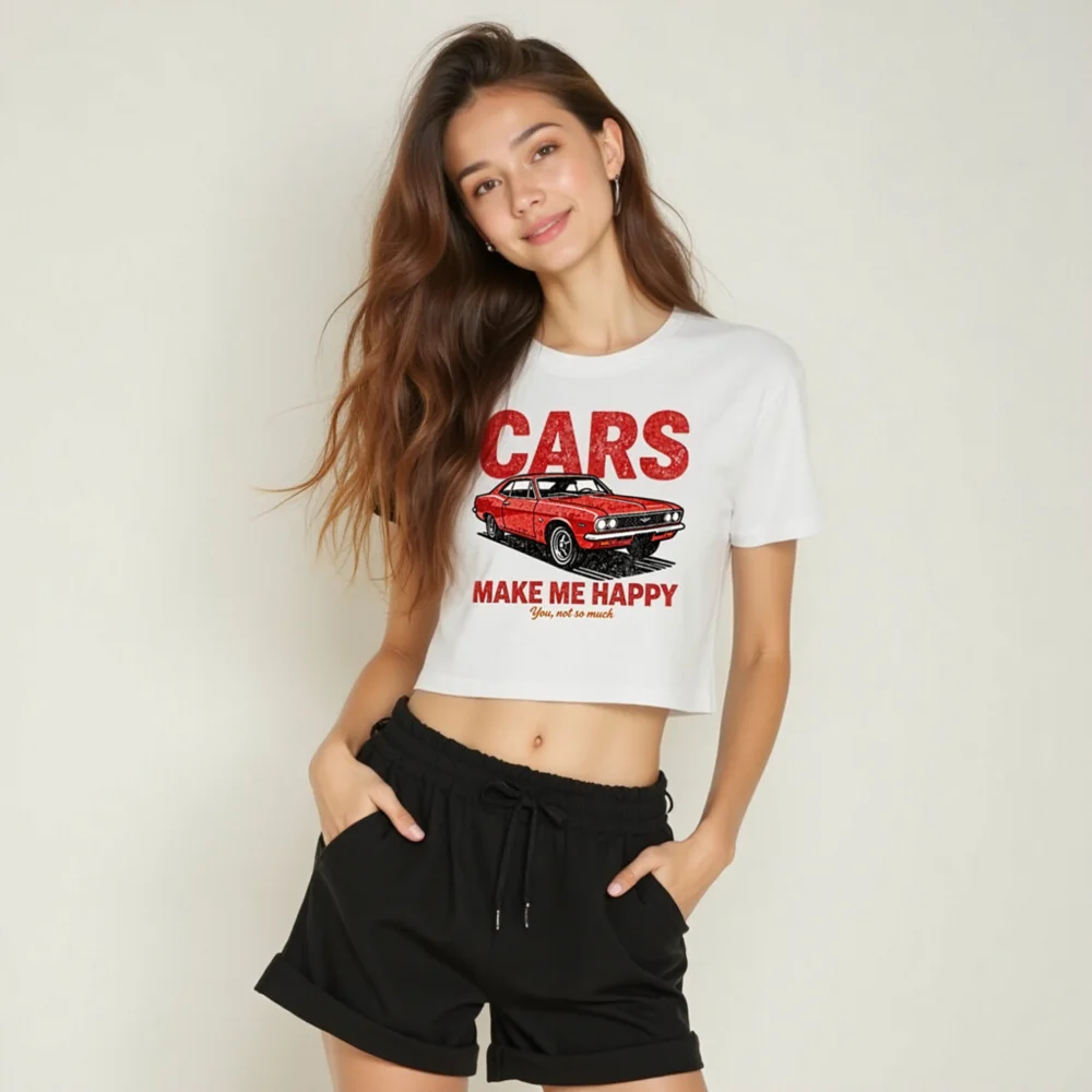 Cars Make Me Happy Crop Top for Women – Vintage Car Graphic Tee - Image 6