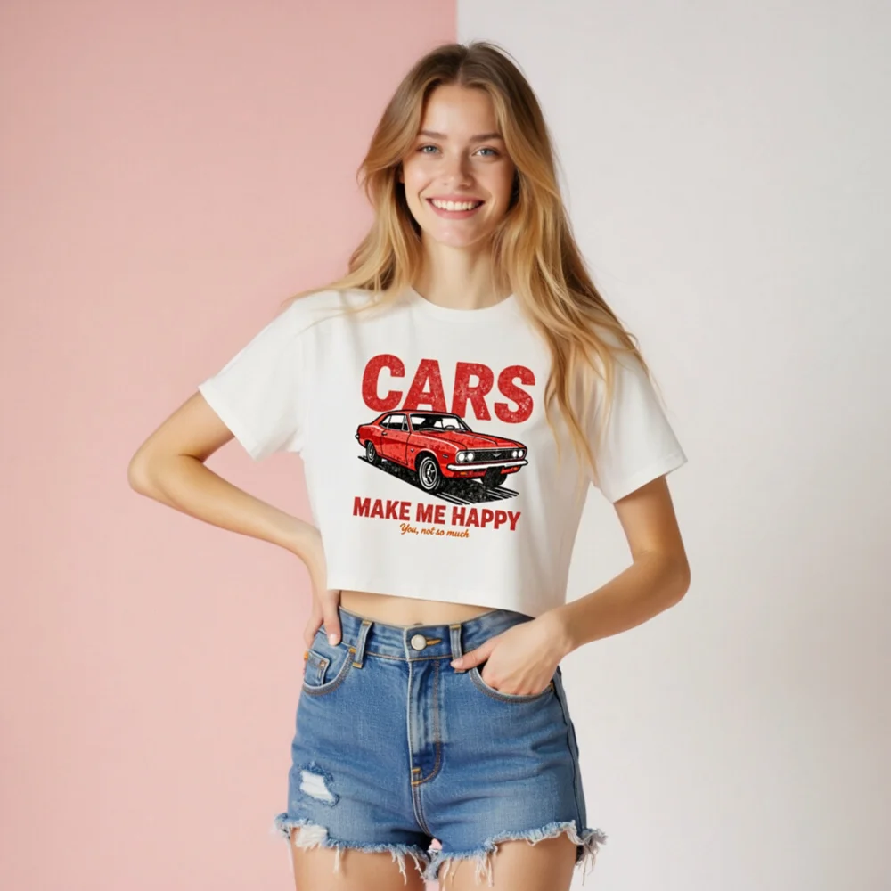 Cars Make Me Happy Crop Top for Women – Vintage Car Graphic Tee - Image 8