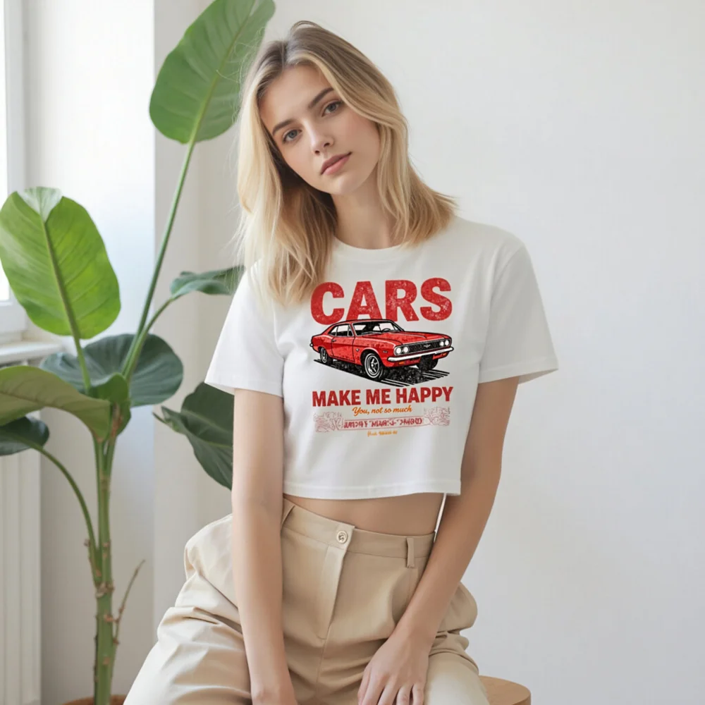 Cars Make Me Happy Crop Top for Women – Vintage Car Graphic Tee - Image 9