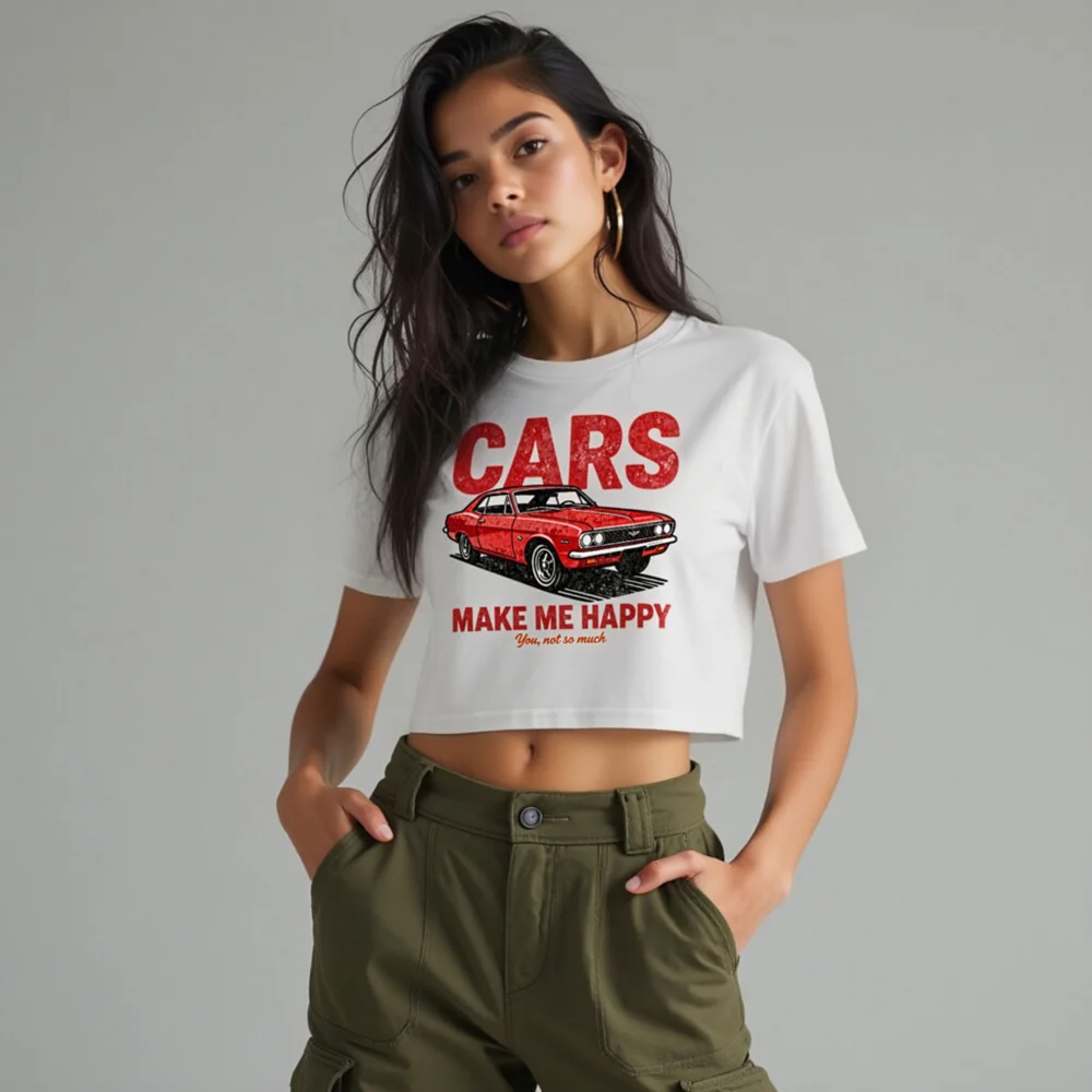 Cars Make Me Happy Crop Top for Women – Vintage Car Graphic Tee - Image 10