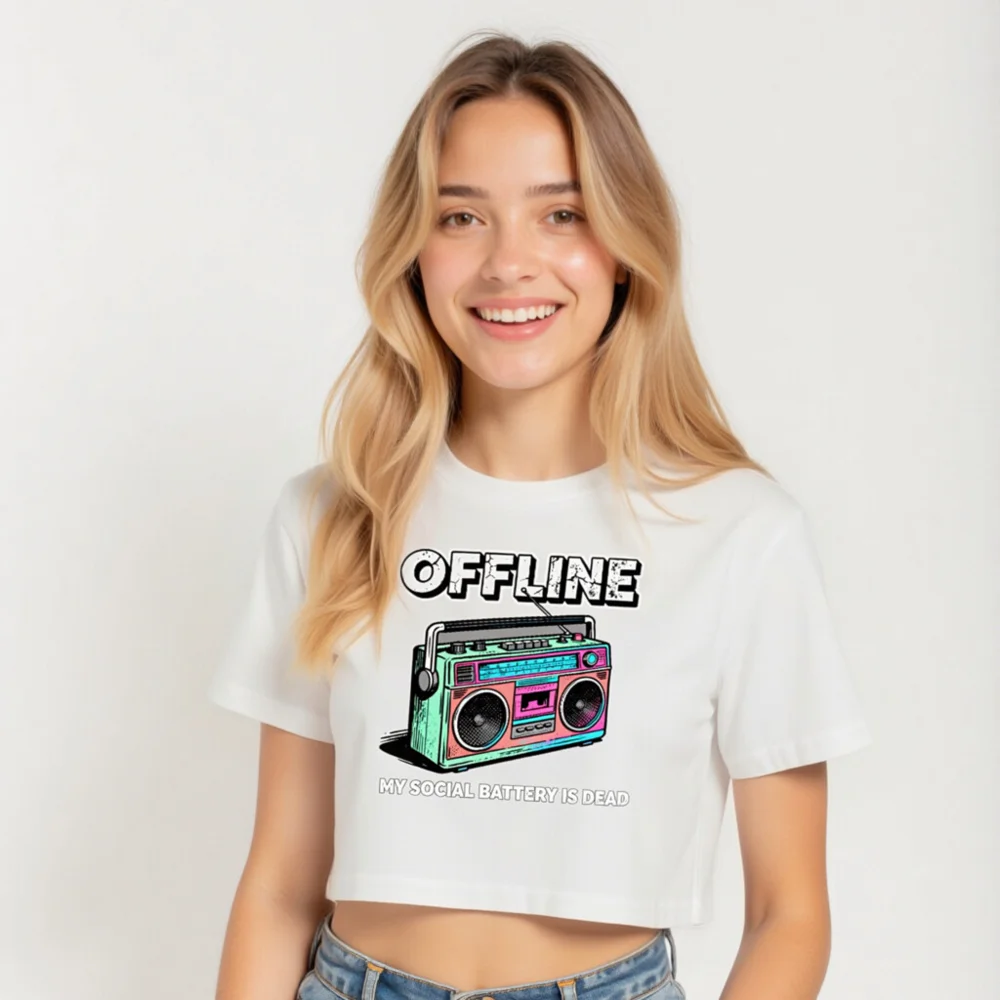 Offline Boombox Crop Top for Women – Vintage Retro Graphic Tee - Image 5