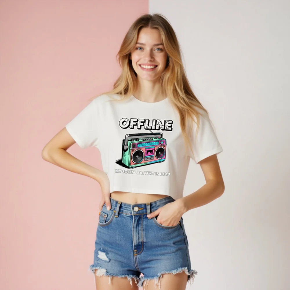 Offline Boombox Crop Top for Women – Vintage Retro Graphic Tee - Image 8