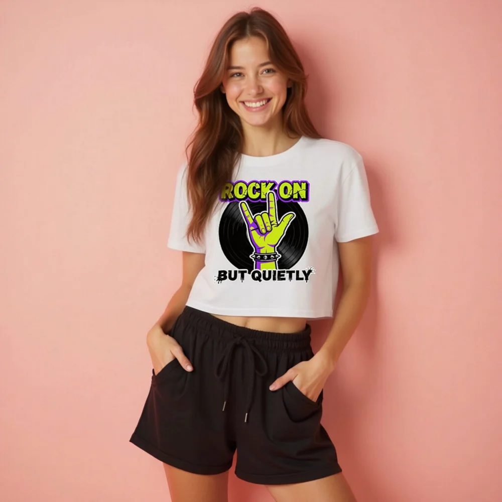 Rock On But Quietly Crop Top for Women – Graphic Tee with Vinyl Record & Hand Sign - Image 2
