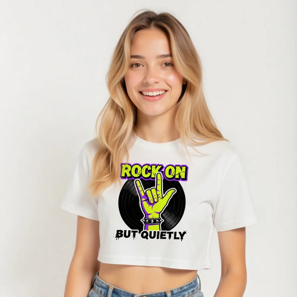 Rock On But Quietly Crop Top for Women – Graphic Tee with Vinyl Record & Hand Sign - Image 5