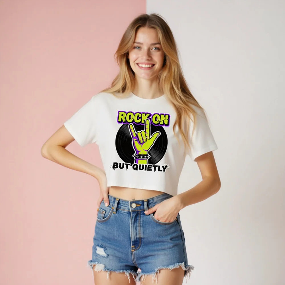 Rock On But Quietly Crop Top for Women – Graphic Tee with Vinyl Record & Hand Sign - Image 8