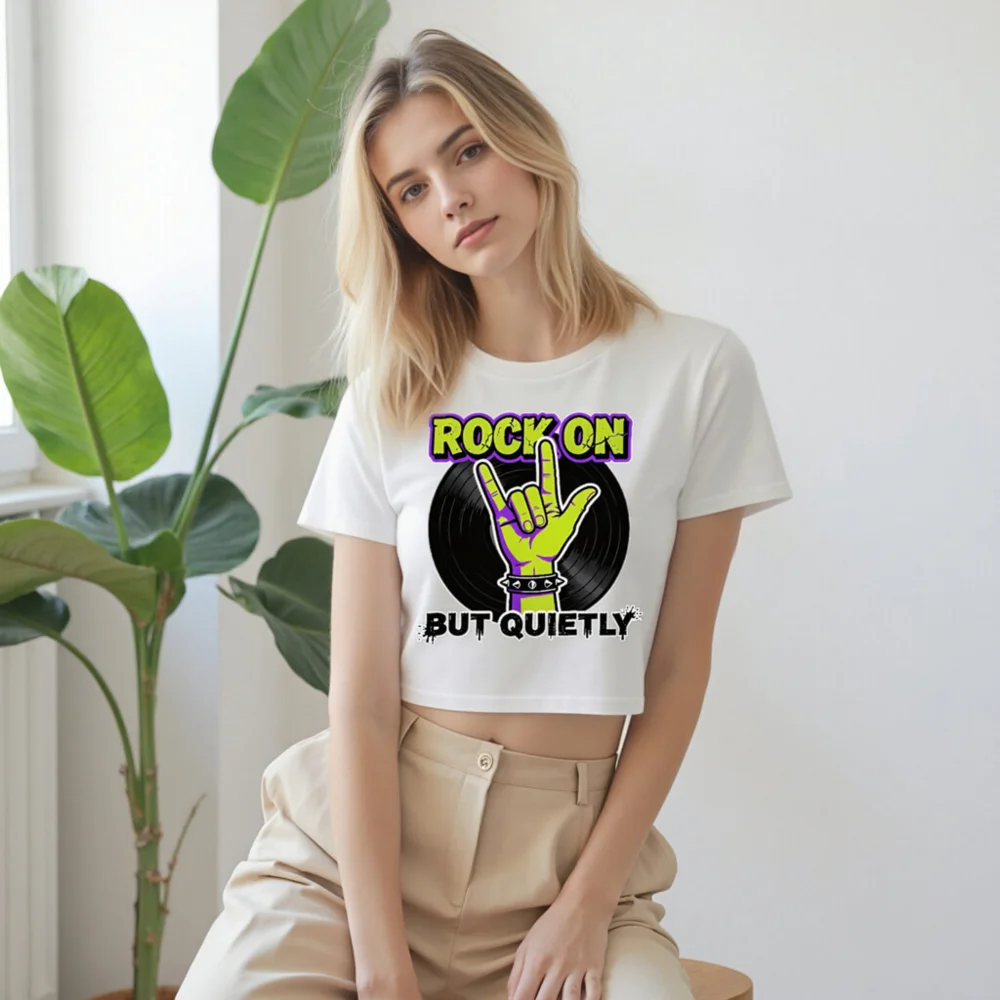 Rock On But Quietly Crop Top for Women – Graphic Tee with Vinyl Record & Hand Sign - Image 9