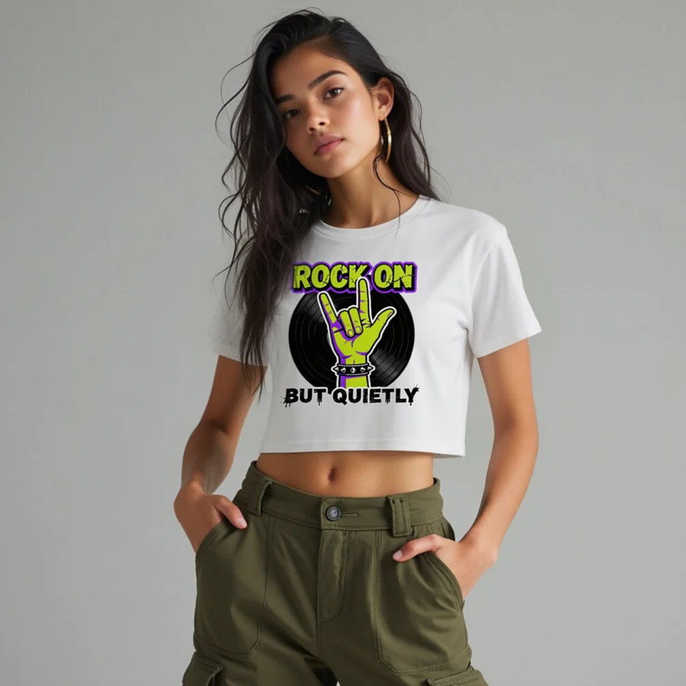 Rock On But Quietly Crop Top for Women – Graphic Tee with Vinyl Record & Hand Sign - Image 10