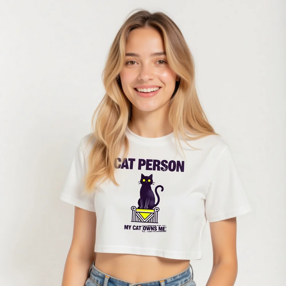Cat Person Crop Top for Women – Fun Graphic Tee with Black Cat Design - Image 5