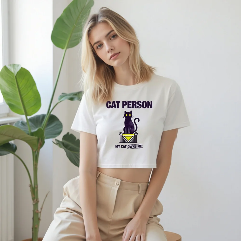 Cat Person Crop Top for Women – Fun Graphic Tee with Black Cat Design - Image 9