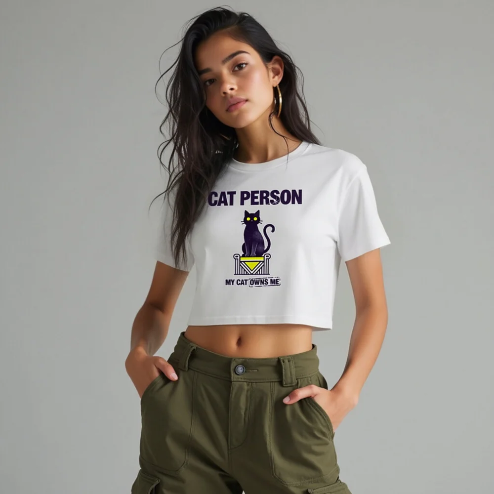 Cat Person Crop Top for Women – Fun Graphic Tee with Black Cat Design - Image 10