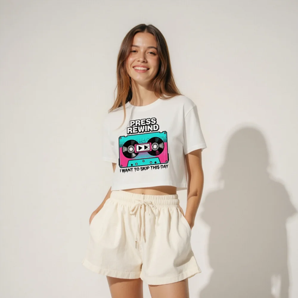 Press Rewind Crop Top for Women – Retro Cassette Tee - Image 4