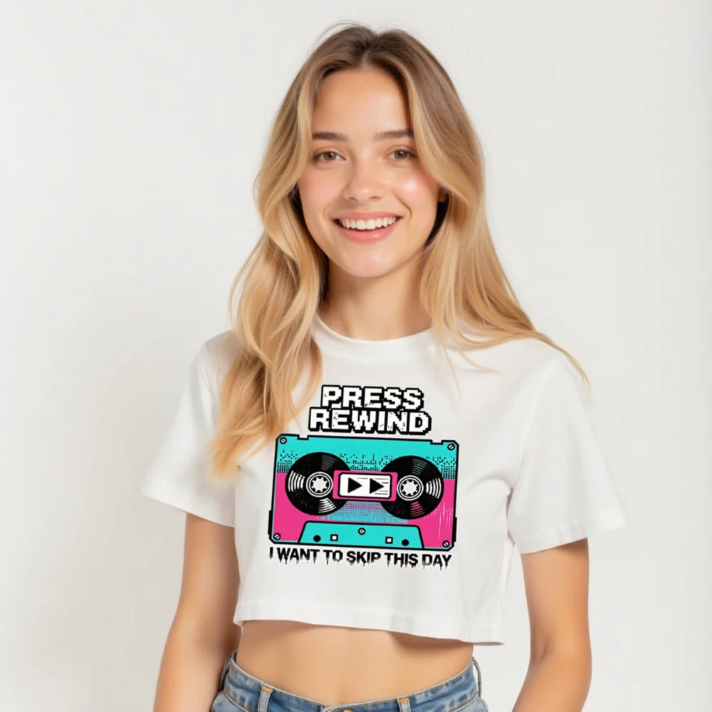 Press Rewind Crop Top for Women – Retro Cassette Tee - Image 5