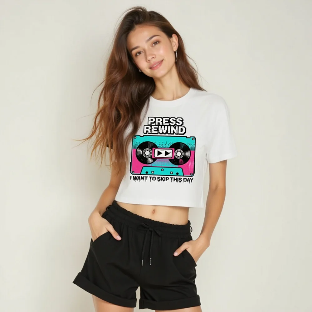 Press Rewind Crop Top for Women – Retro Cassette Tee - Image 6