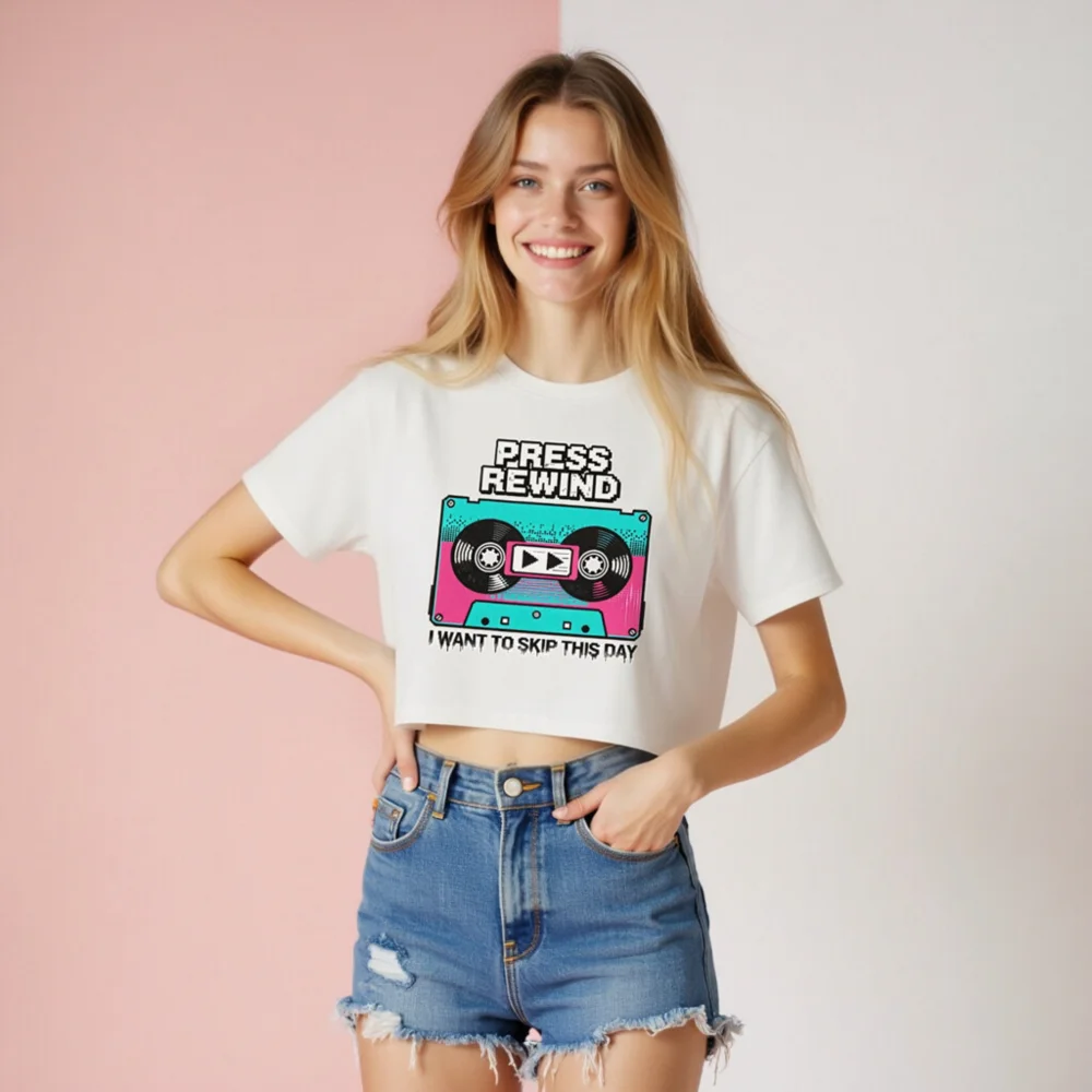 Press Rewind Crop Top for Women – Retro Cassette Tee - Image 8