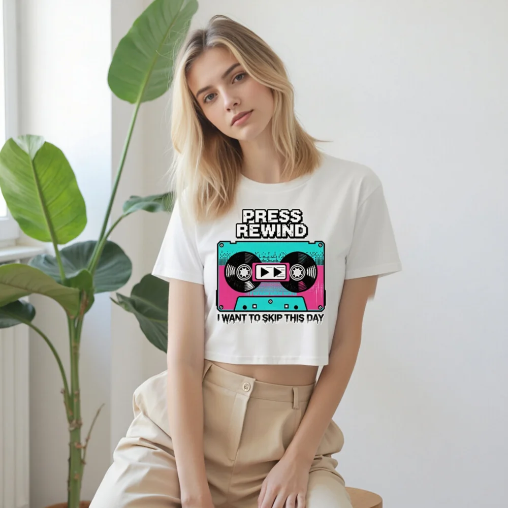 Press Rewind Crop Top for Women – Retro Cassette Tee - Image 9