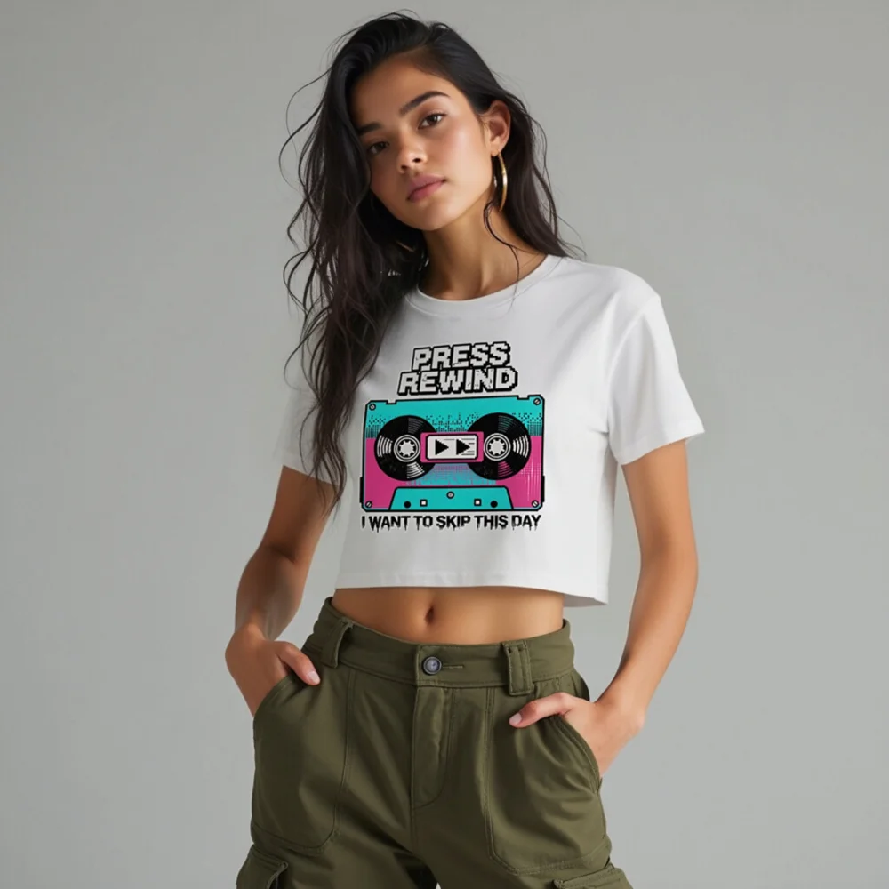 Press Rewind Crop Top for Women – Retro Cassette Tee - Image 10