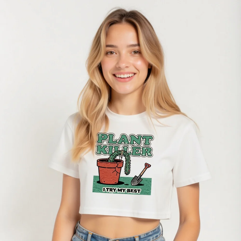 Plant Killer Crop Top for Women – Funny Cactus Graphic Tee - Image 5