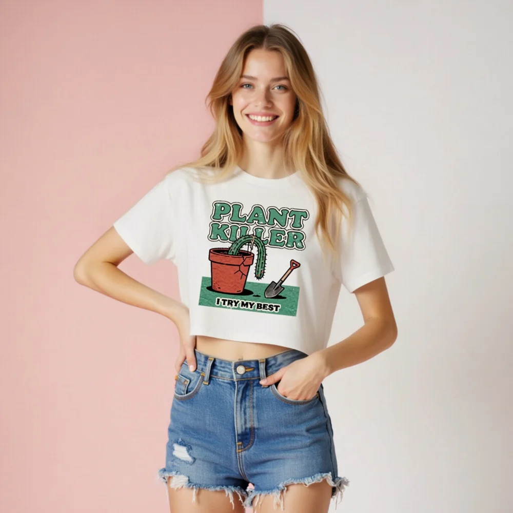 Plant Killer Crop Top for Women – Funny Cactus Graphic Tee - Image 8
