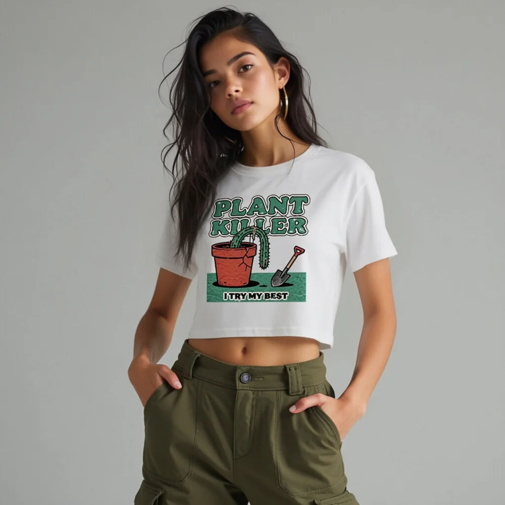 Plant Killer Crop Top for Women – Funny Cactus Graphic Tee - Image 10