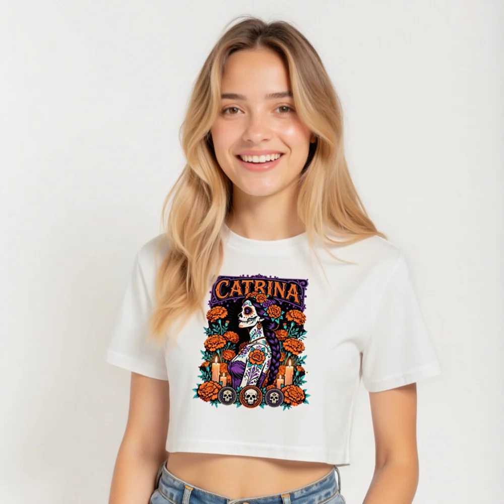 Catrina Day of the Dead Crop Top for Women - Sugar Skull Graphic Tee - Image 5