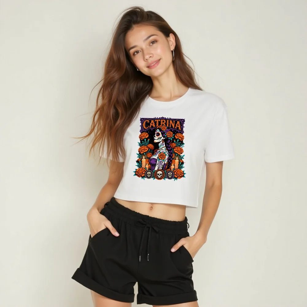 Catrina Day of the Dead Crop Top for Women - Sugar Skull Graphic Tee - Image 6