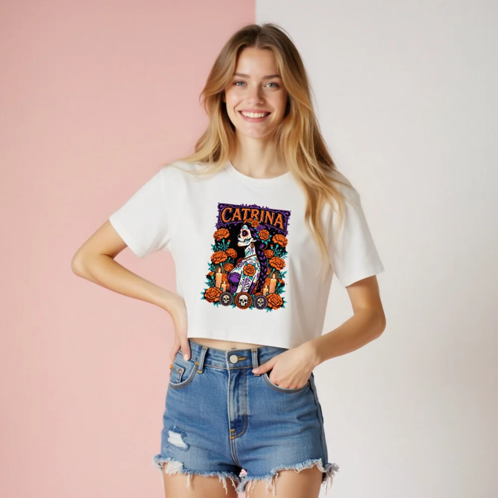 Catrina Day of the Dead Crop Top for Women - Sugar Skull Graphic Tee - Image 8