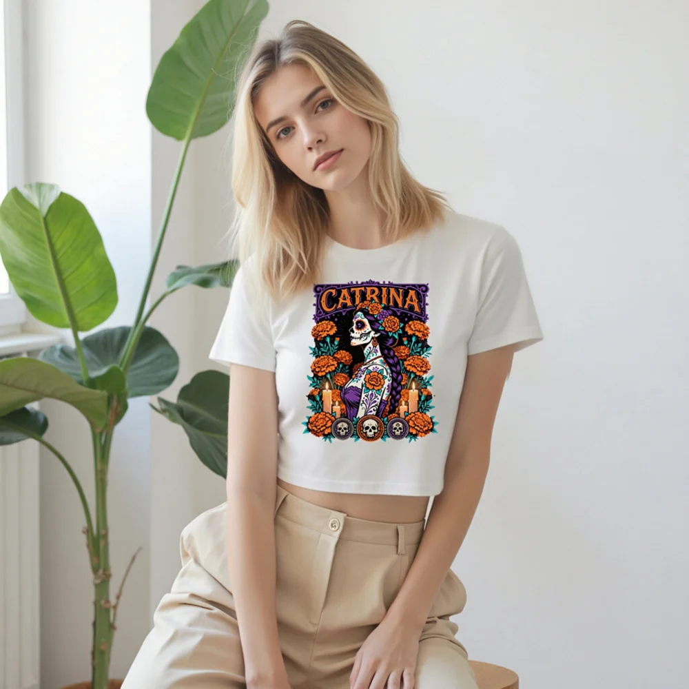 Catrina Day of the Dead Crop Top for Women - Sugar Skull Graphic Tee - Image 9