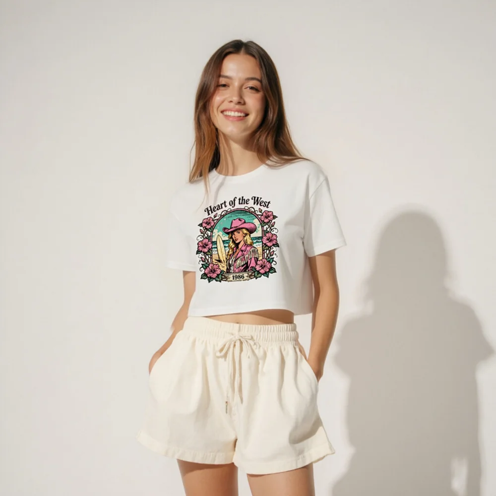 Heart of the West Crop Top for Women – 1986 Vintage Surf & Cowboy Graphic Tee - Image 4