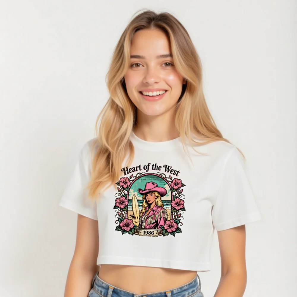 Heart of the West Crop Top for Women – 1986 Vintage Surf & Cowboy Graphic Tee - Image 5