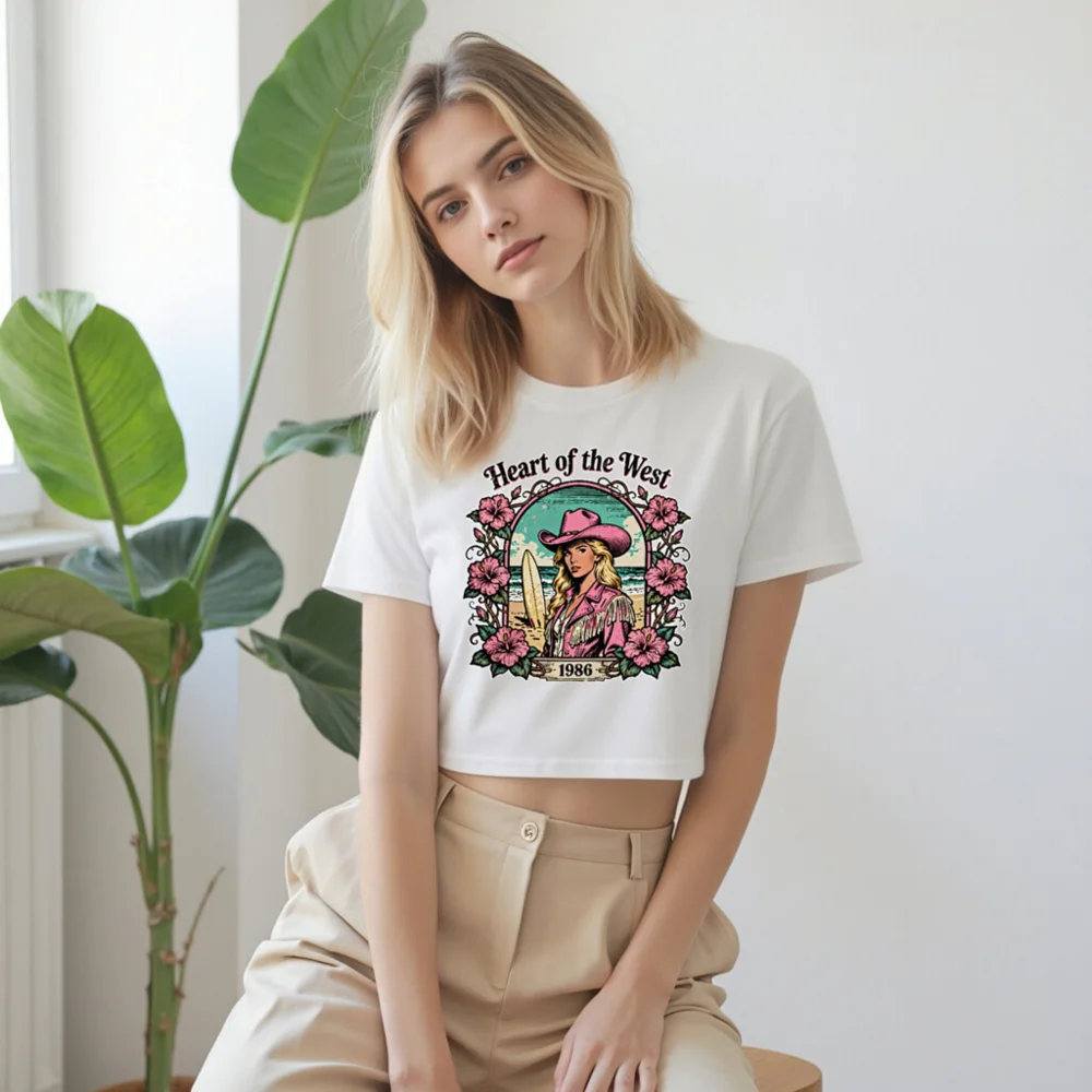 Heart of the West Crop Top for Women – 1986 Vintage Surf & Cowboy Graphic Tee - Image 9