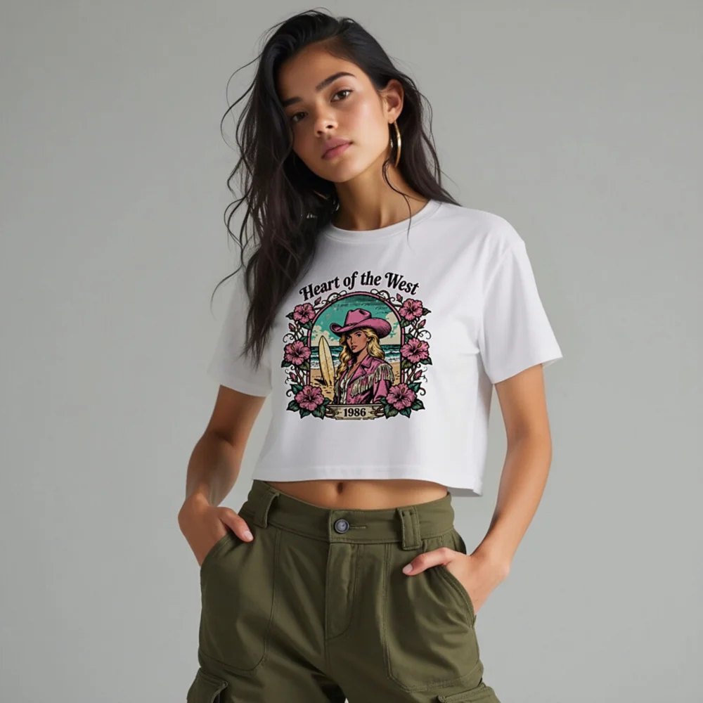Heart of the West Crop Top for Women – 1986 Vintage Surf & Cowboy Graphic Tee - Image 10