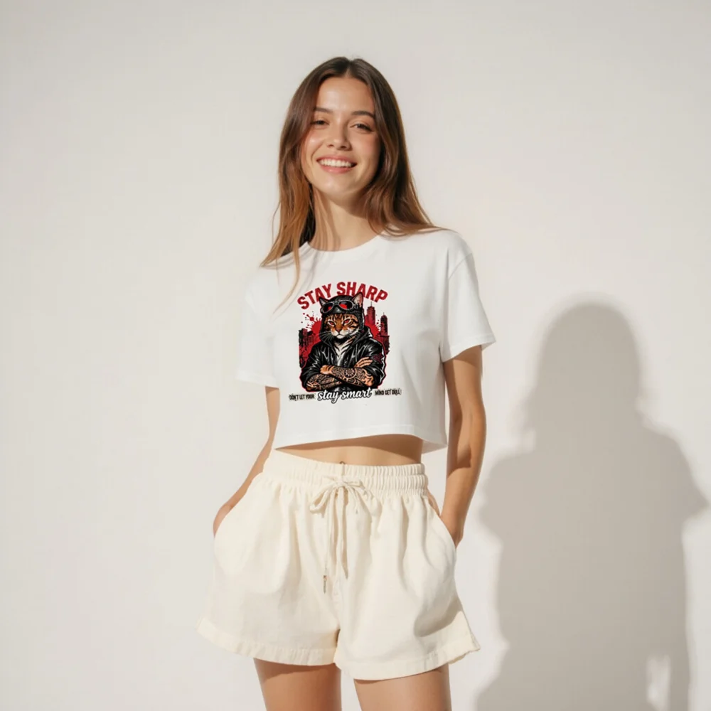 Stay Sharp Cat Crop Top for Women – Edgy Graphic Tee - Image 4
