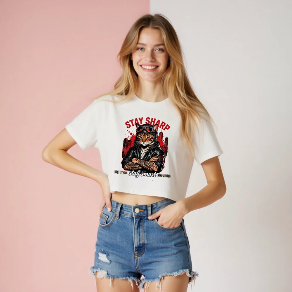 Stay Sharp Cat Crop Top for Women – Edgy Graphic Tee - Image 8