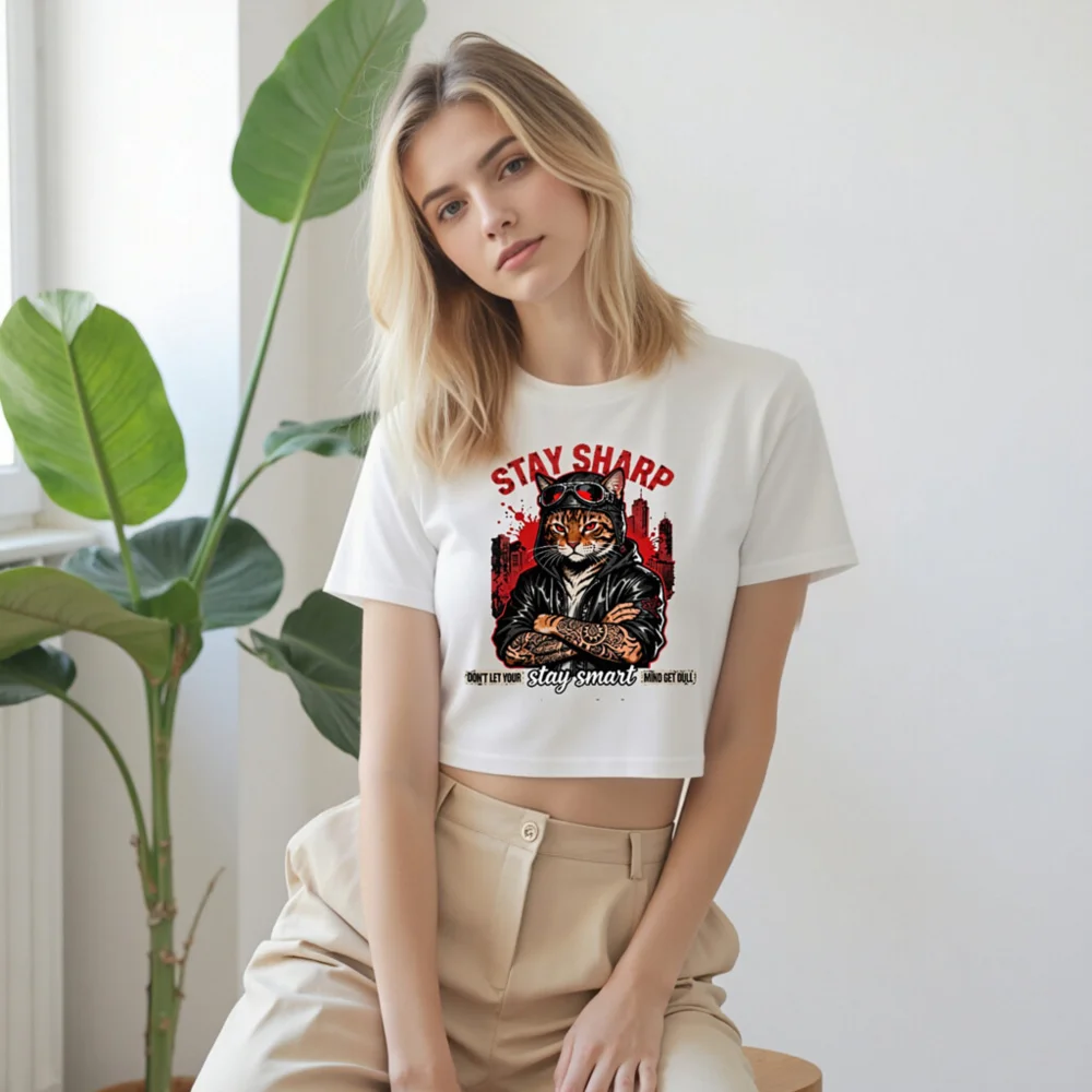 Stay Sharp Cat Crop Top for Women – Edgy Graphic Tee - Image 9