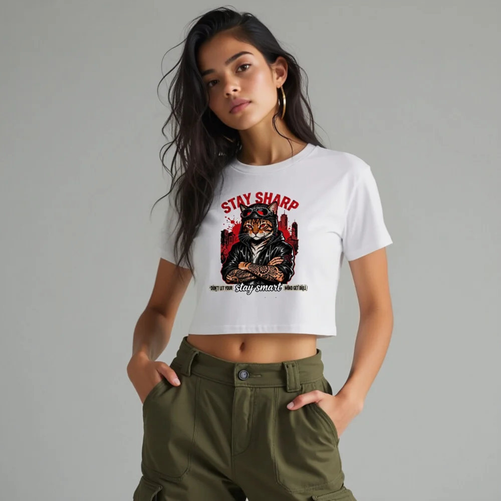 Stay Sharp Cat Crop Top for Women – Edgy Graphic Tee - Image 10