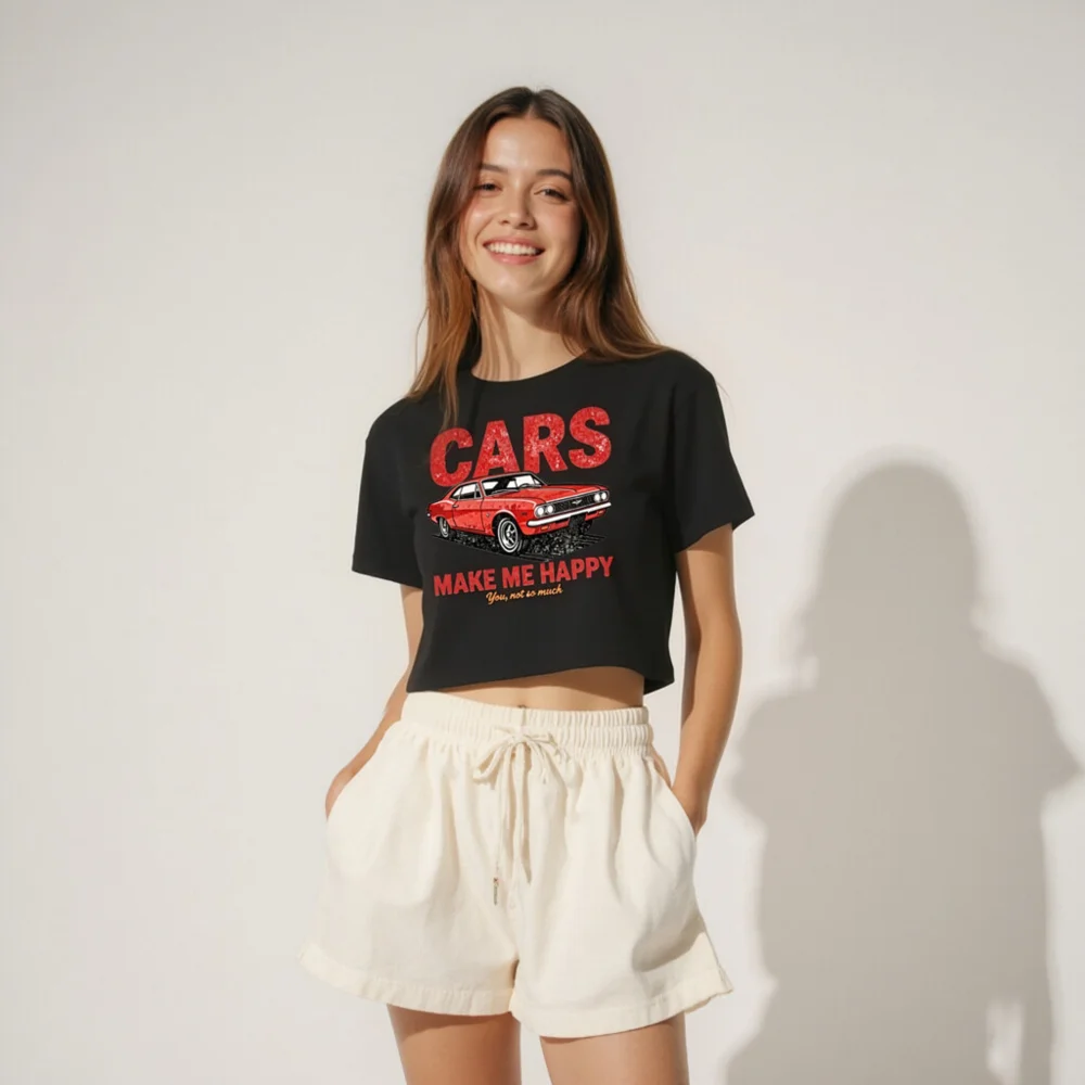 Cars Make Me Happy Crop Top for Women – Vintage Car Graphic Tee - Image 4