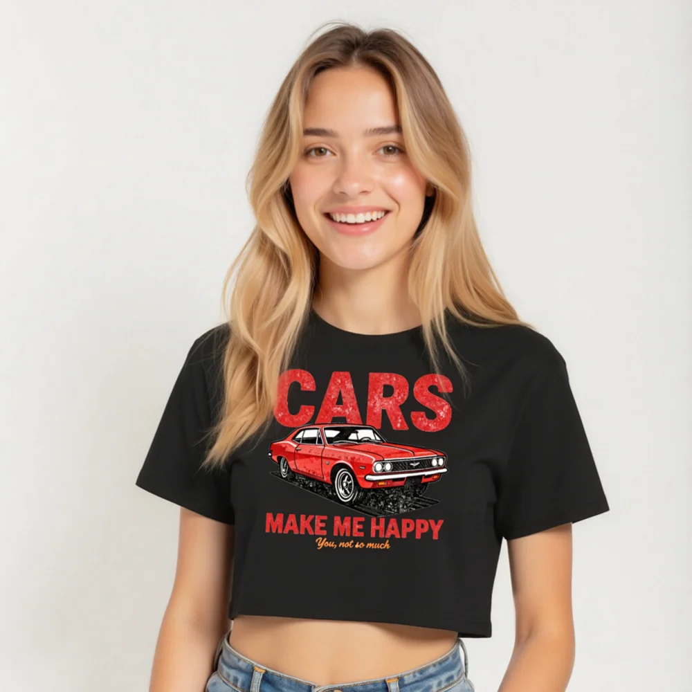 Cars Make Me Happy Crop Top for Women – Vintage Car Graphic Tee - Image 5
