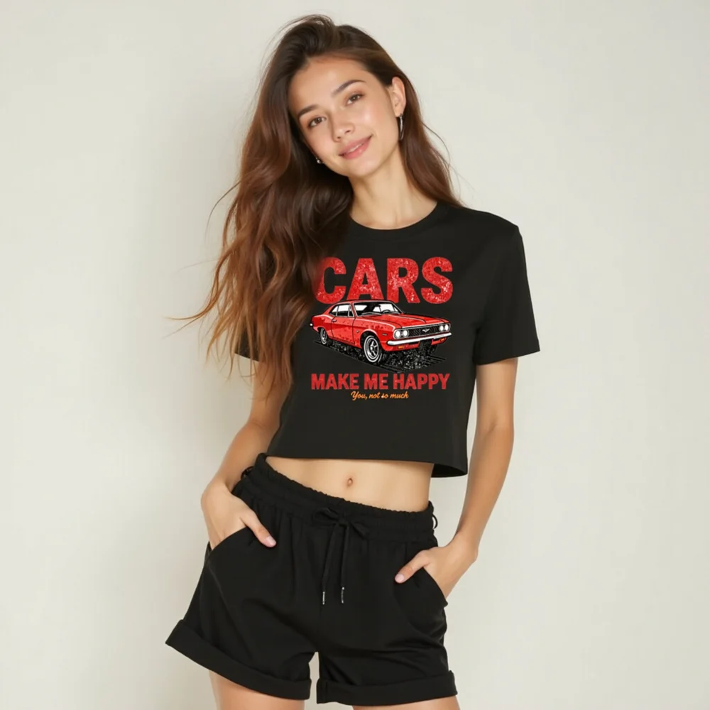 Cars Make Me Happy Crop Top for Women – Vintage Car Graphic Tee - Image 6