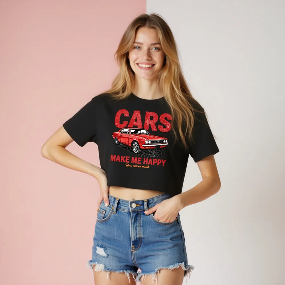 Cars Make Me Happy Crop Top for Women – Vintage Car Graphic Tee - Image 8