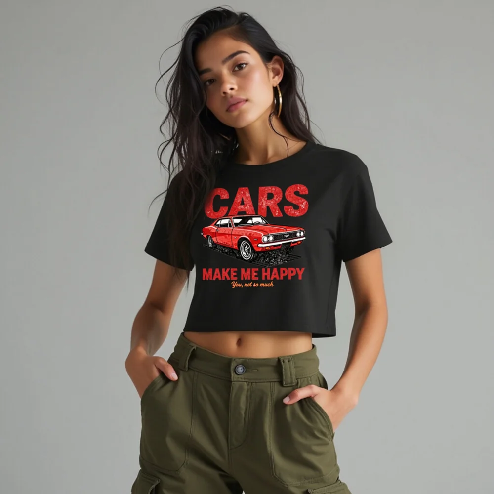 Cars Make Me Happy Crop Top for Women – Vintage Car Graphic Tee - Image 10