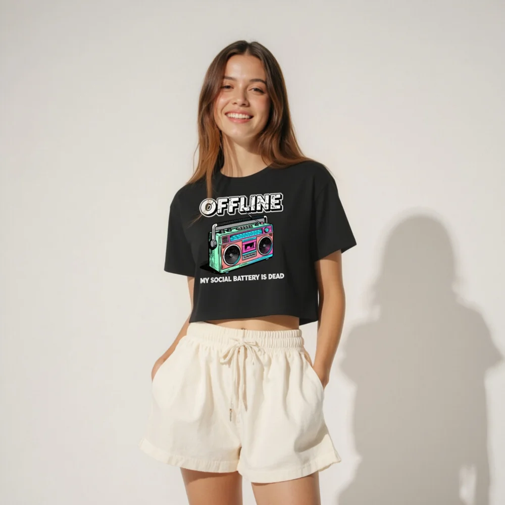 Offline Social Battery Dead Crop Top for Women - Vintage Boombox Graphic Tee - Image 4