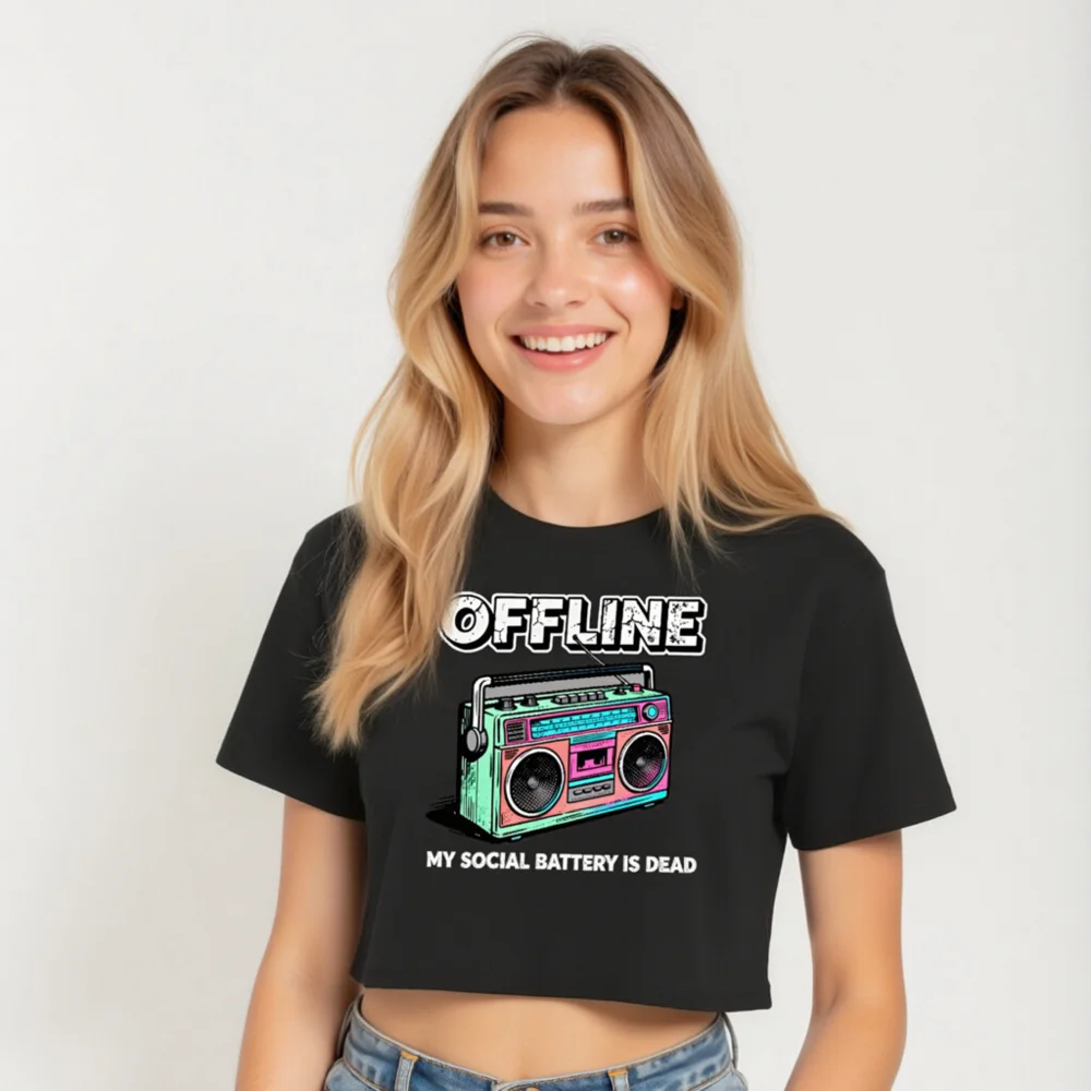 Offline Social Battery Dead Crop Top for Women - Vintage Boombox Graphic Tee - Image 5