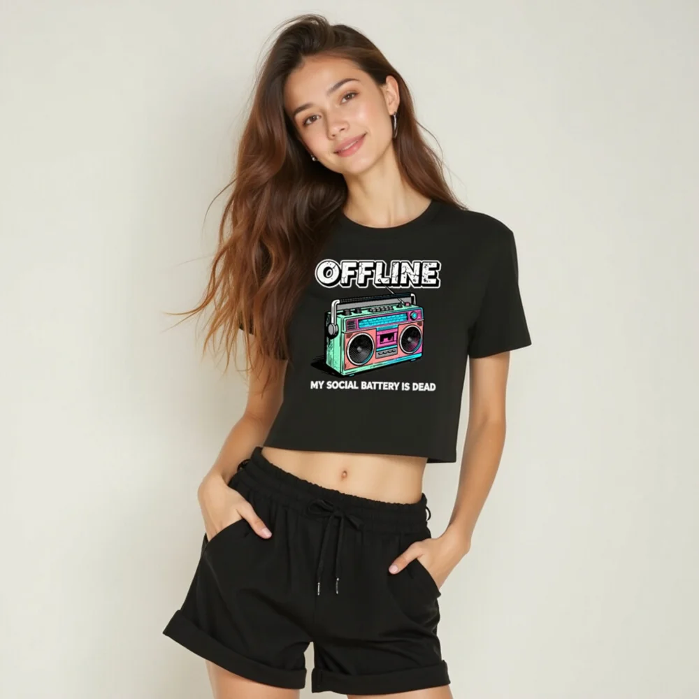 Offline Social Battery Dead Crop Top for Women - Vintage Boombox Graphic Tee - Image 6